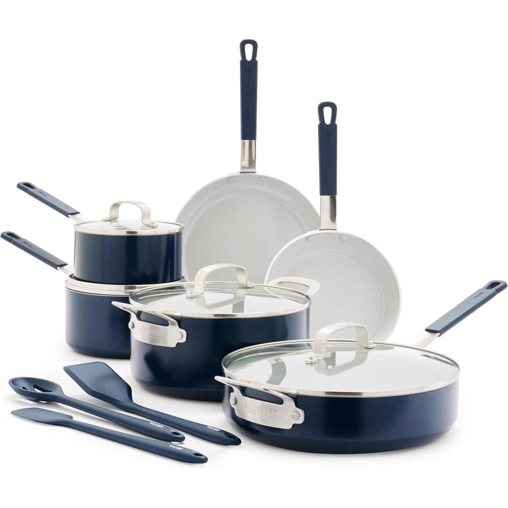 GreenPan x Bobby Flay 13 Piece Nonstick Cookware Pots and Pans Set, PFAS-Free Diamond Ceramic, Induction Suitable, Easy Clean Dishwasher & Oven Safe, Stay-Cool Silicone Handles, Glass Lids, Black(Navy Blue)