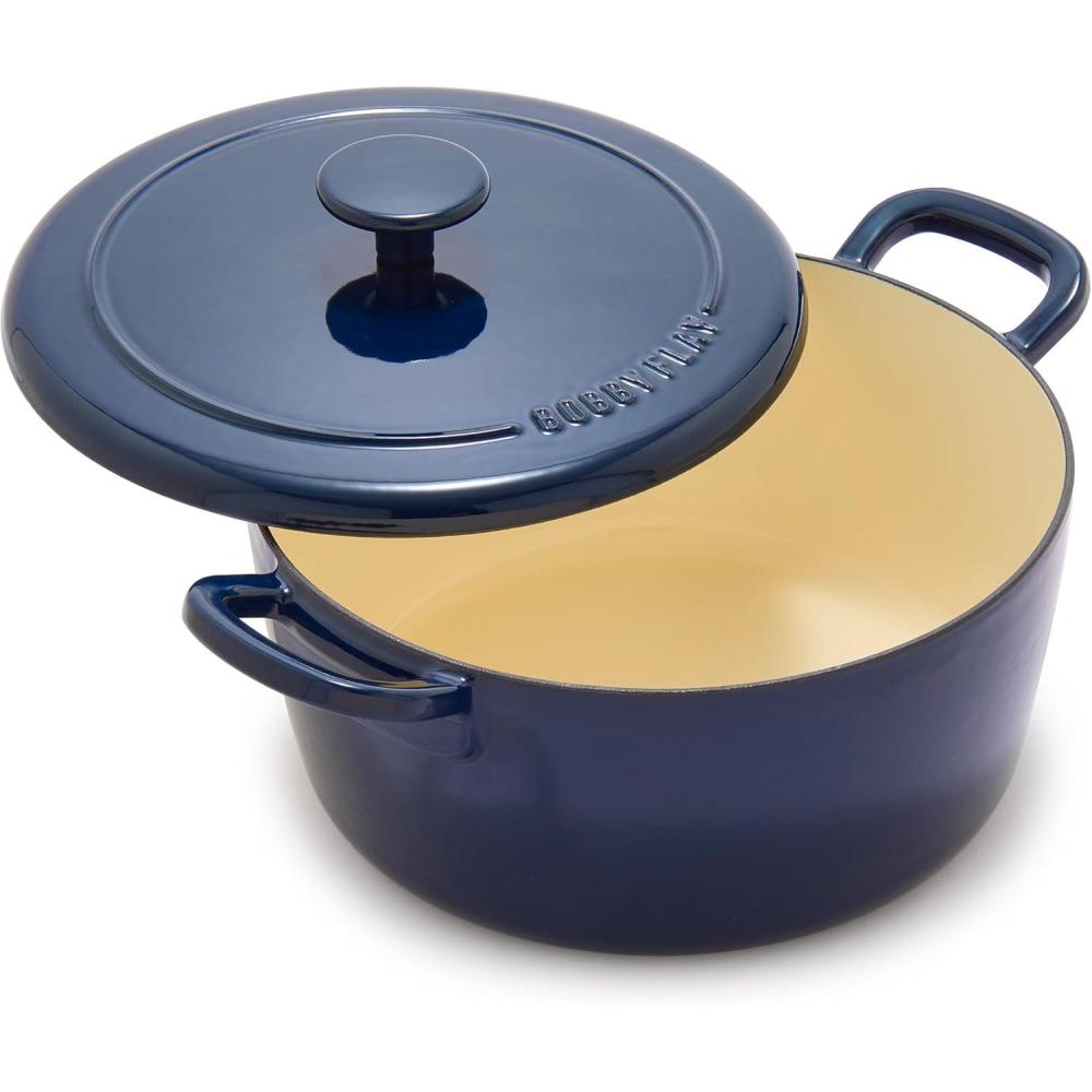 GreenPan x Bobby Flay 5.5QT Enameled Cast Iron Round Dutch Oven with Lid, Dual Handles, Oven Safe to 500F & Induction Suitable, Self Basting Lid, Ultra-Durable, Sear, Braising, Bread, Stews, Ivory(Cobalt)