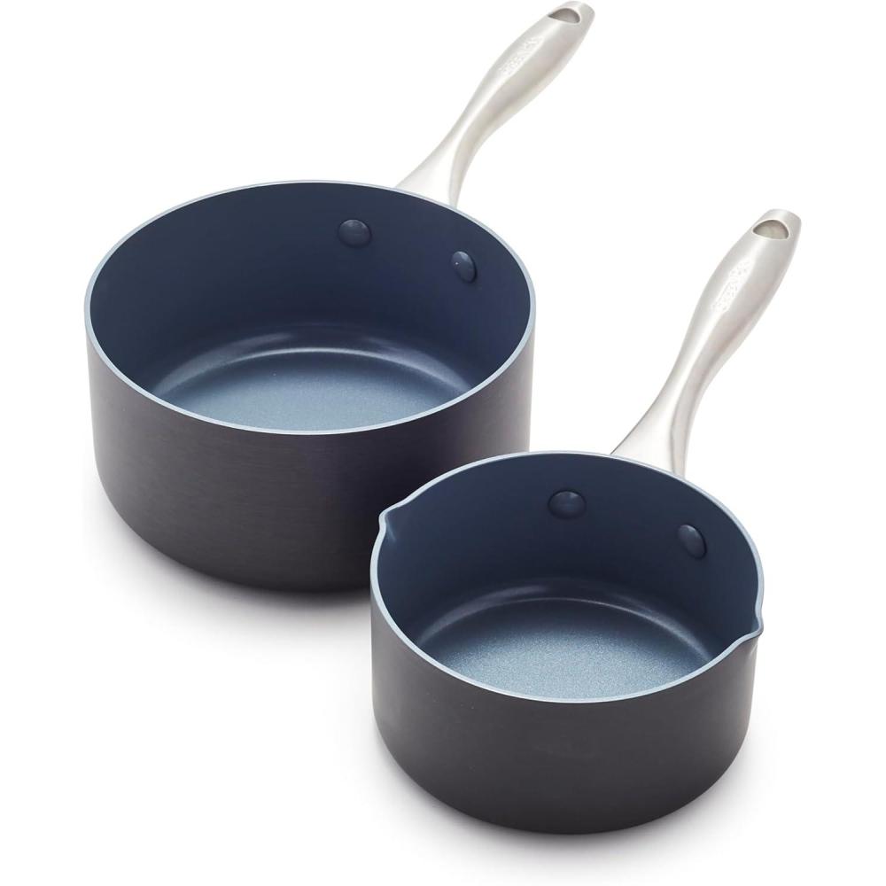 GreenPan Lima Hard Anodized Healthy Ceramic Nonstick 1QT and 2QT Saucepan Pot Set, PFAS-Free, Oven Safe, Gray(2 Quarts)