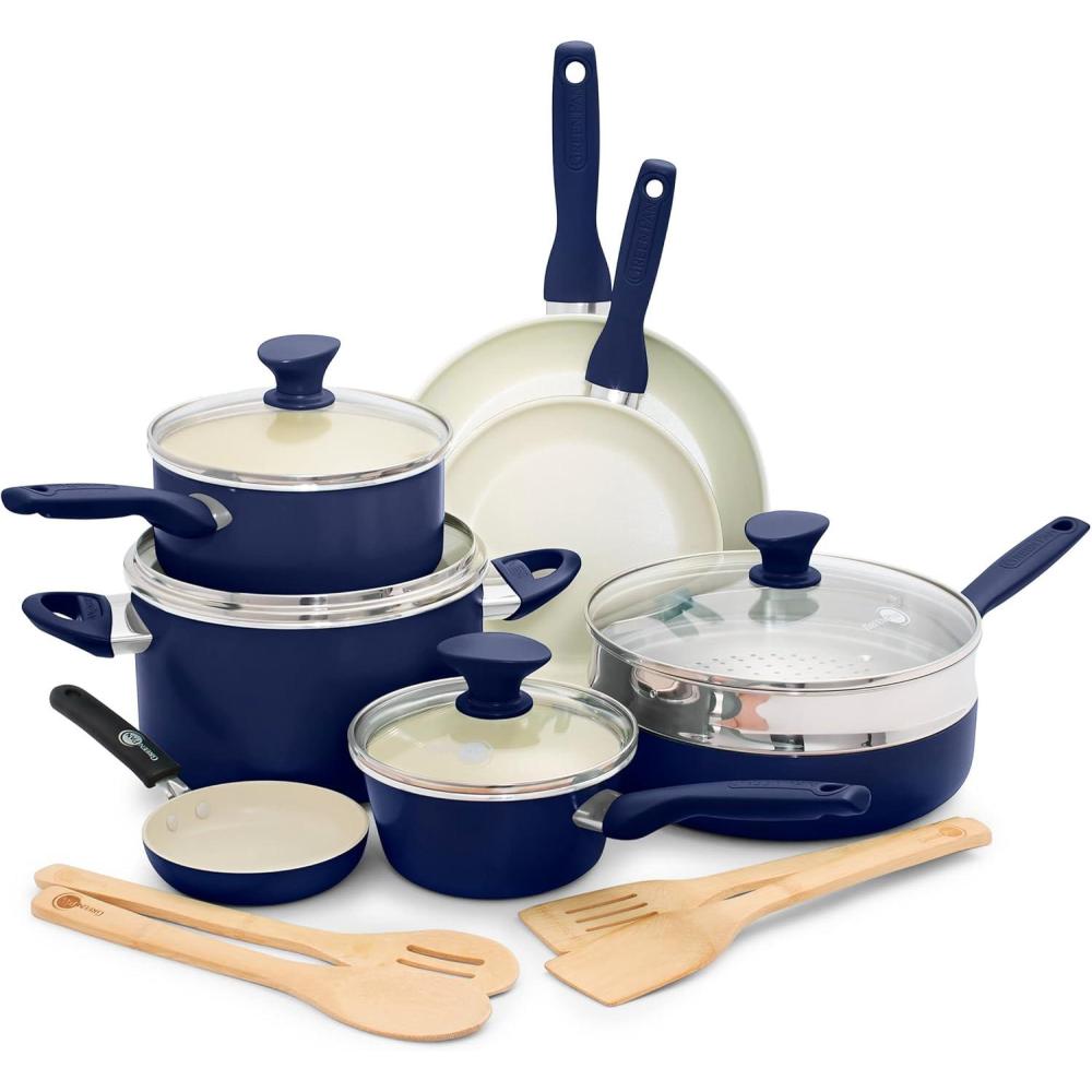 GreenPan Rio Healthy Ceramic Nonstick 16 Piece Cookware Pots and Pans Set, PFAS-Free, Dishwasher Safe, Turquoise(Blue)