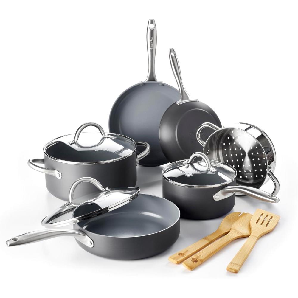 GreenPan Lima Hard Anodized Healthy Ceramic Nonstick 12 Piece Cookware Pots and Pans Set, PFAS-Free, Oven Safe, Gray(12 Piece Cookware Pots and Pans Set)