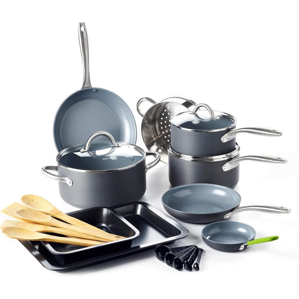 GreenPan Lima Hard Anodized Healthy Ceramic Nonstick 12 Piece Cookware Pots and Pans Set, PFAS-Free, Oven Safe, Gray(18 Piece Cookware Pots and Pans Set)