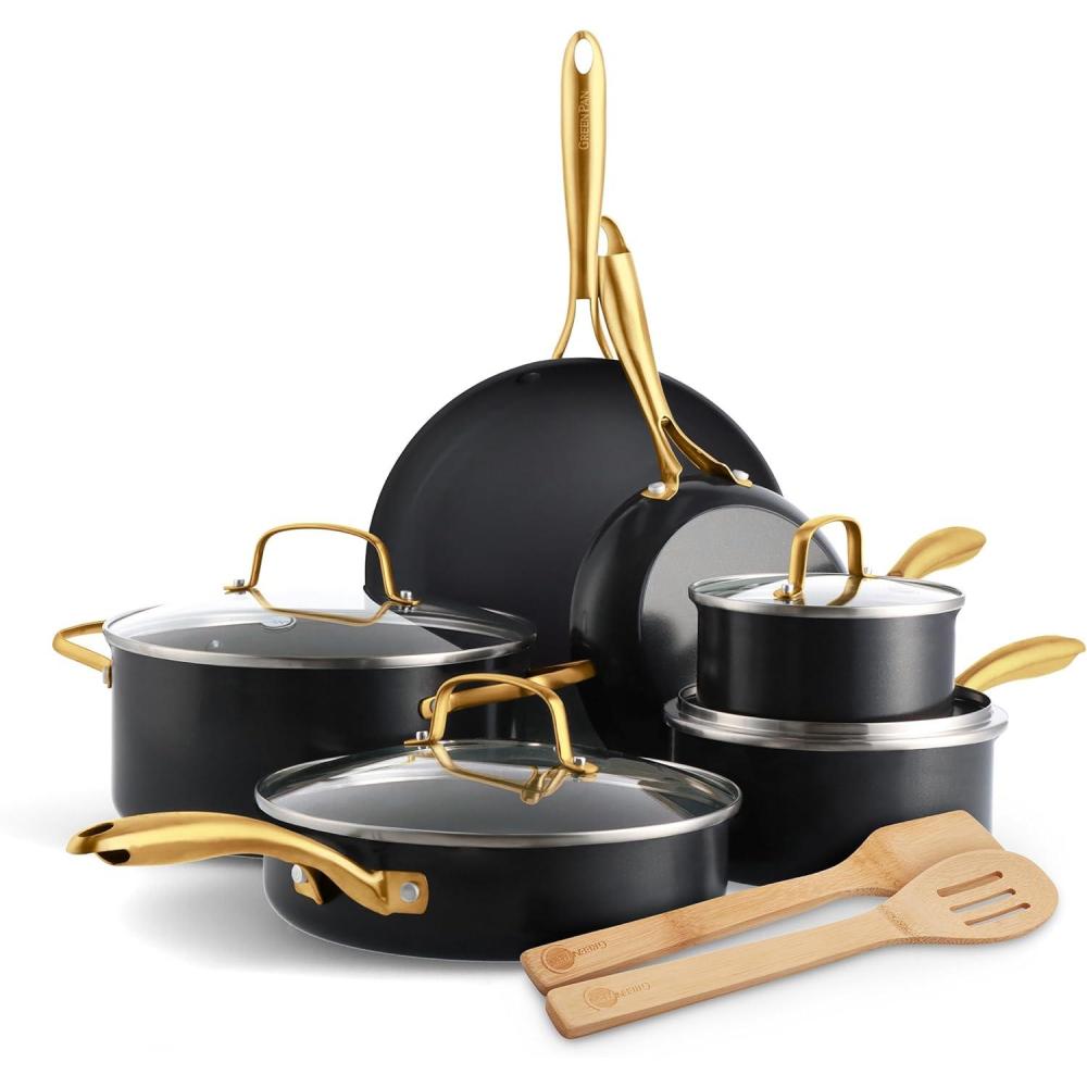 GreenPan 12 Piece Nonstick Swift Cookware Set, Ceramic PFAS-Free Pots & Pans with Lids, Dishwasher & Oven/Broiler Safe to 600F, Kitchen Cooking Set, Sauce, Saute, Stock, Frying Pans, Cream(Black)