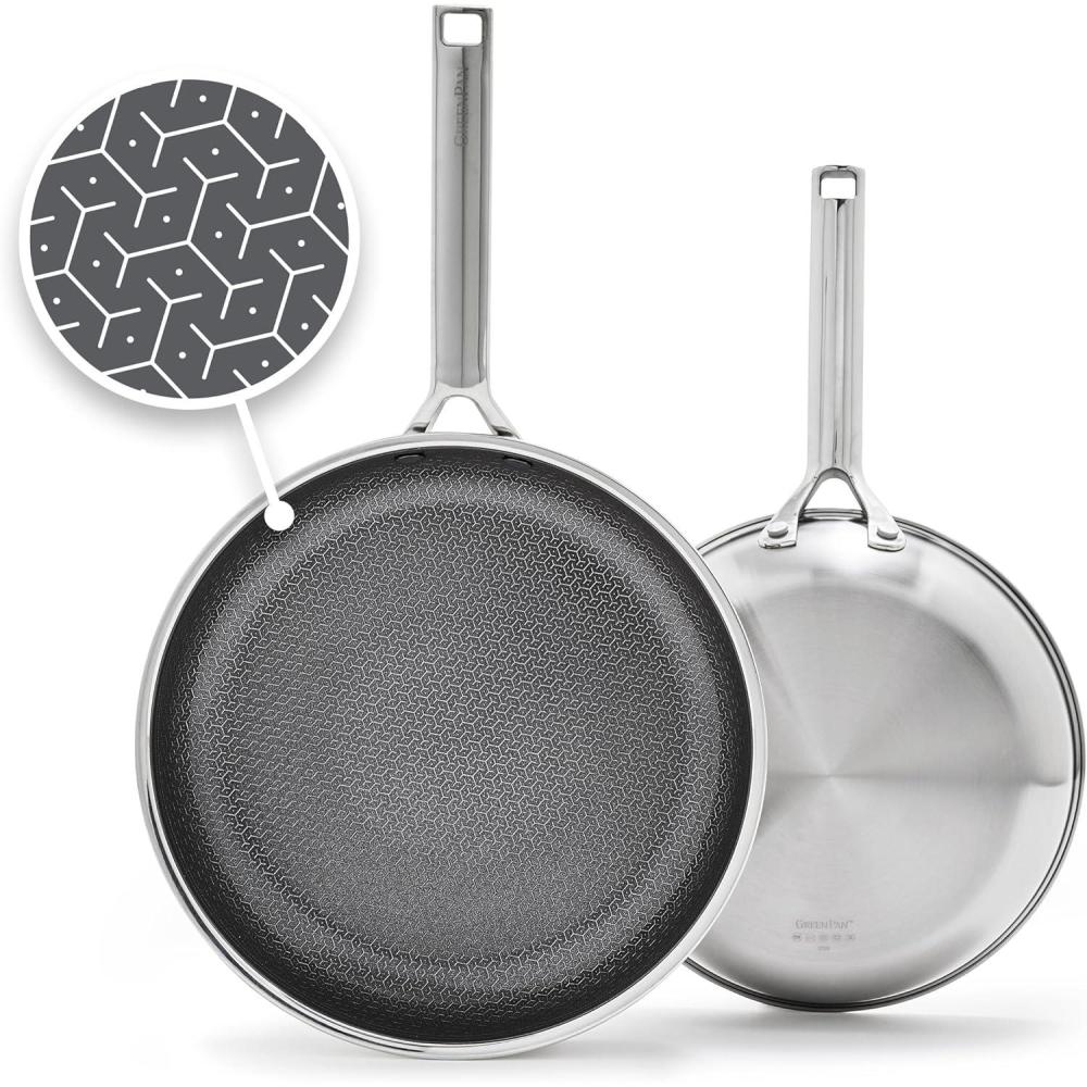GreenPan Hybrid 9.5 & 11 Nonstick Stainless Steel Frying Pan Set, APEX Tri-Ply Thermobond PFAS-Free Ceramic Skillets, Induction & All Cooktop Compatible, Oven Temp to 850°F, Dishwasher Safe, Silver(Silver)