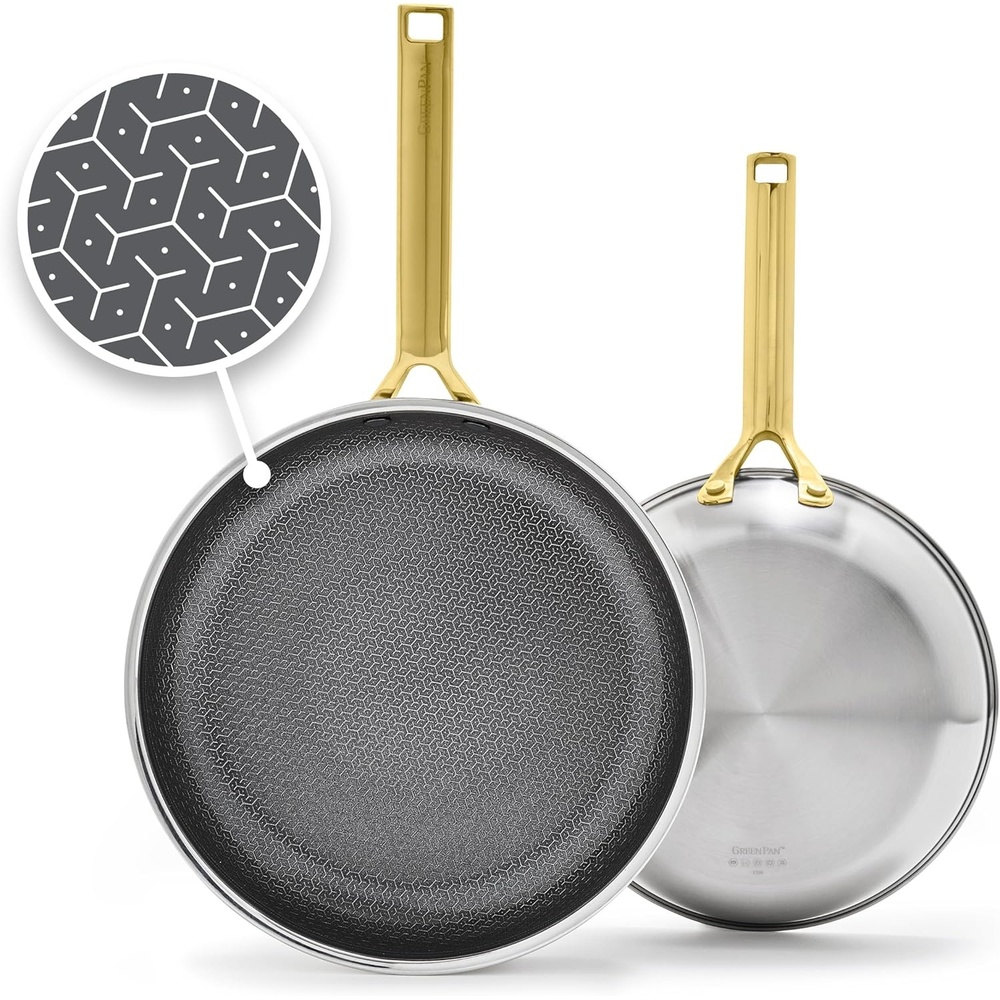 GreenPan Hybrid 8, 10 & 12 Nonstick Stainless Steel Frying Pan Set With Lids, APEX Tri-Ply Thermobond, PFAS-Free, Induction & All Cooktop Compatible, Oven Safe to 850°F. Dishwasher Safe, Silver(Gold)