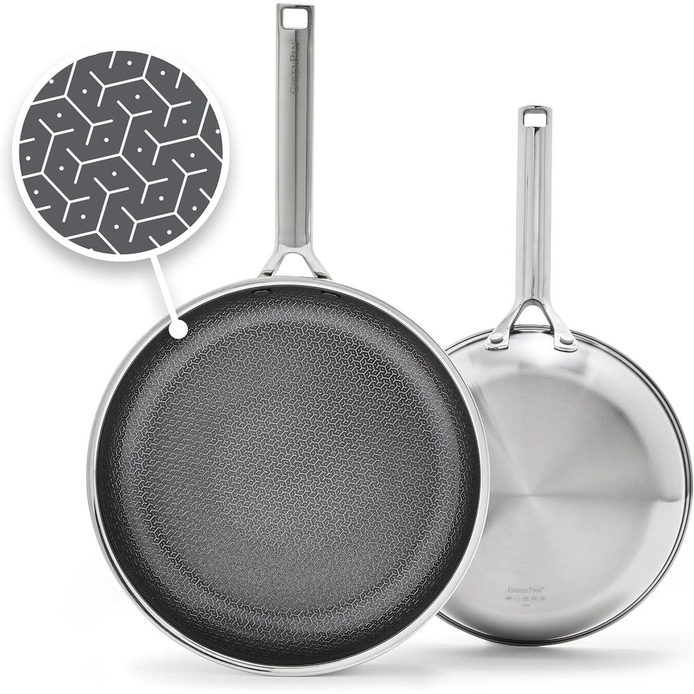 GreenPan Hybrid 8, 10 & 12 Nonstick Stainless Steel Frying Pan Set With Lids, APEX Tri-Ply Thermobond, PFAS-Free, Induction & All Cooktop Compatible, Oven Safe to 850°F. Dishwasher Safe, Silver(Silver)