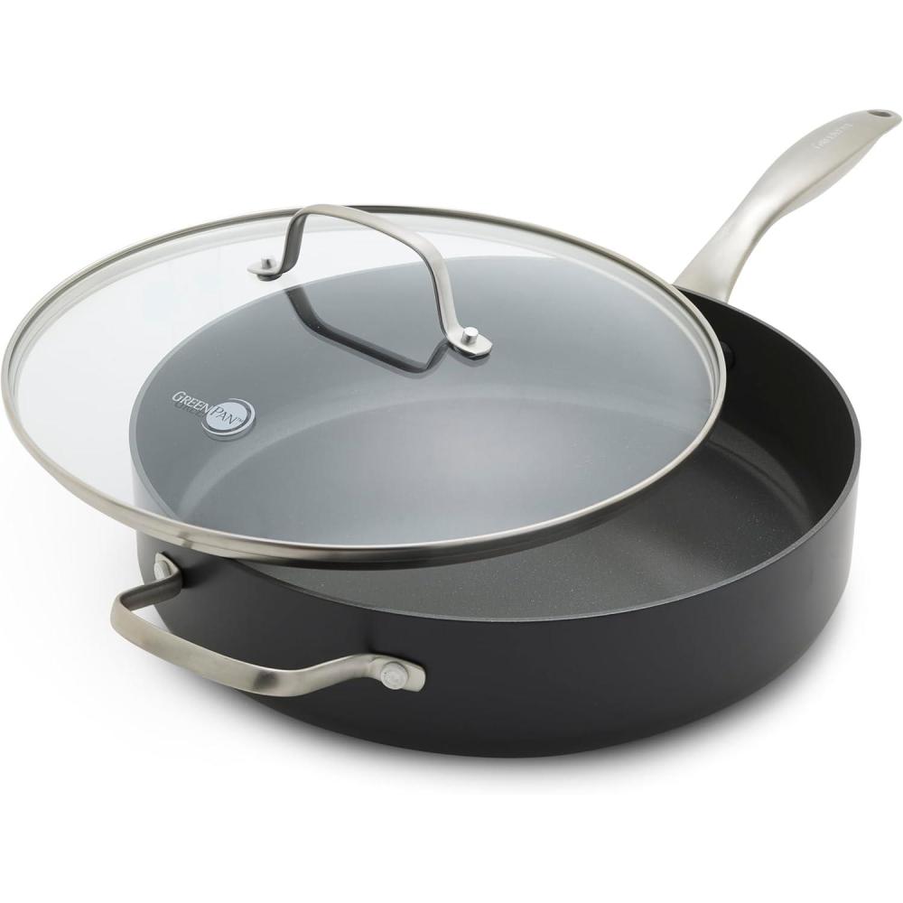 GreenPan Canterbury 5QT Sauté Pan with Lid, Hard Anodized Healthy Ceramic Nonstick, PFAS-Free, Stainless Steel Handle, Metal Utensil Safe, Dishwasher Safe, Oven Safe, Black