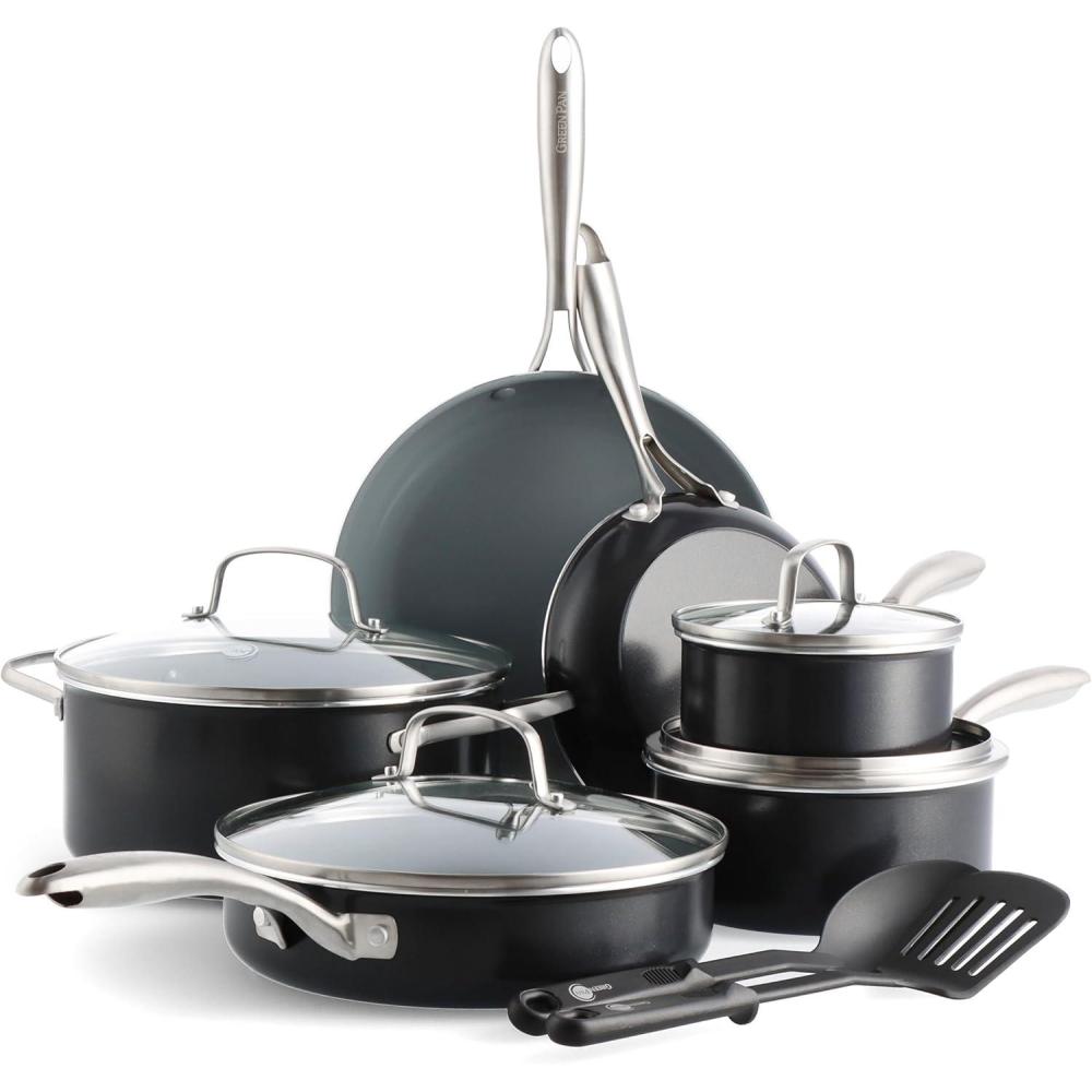 GreenPan 12 Piece Nonstick Swift Cookware Set, Ceramic PFAS-Free Pots & Pans with Lids, Dishwasher & Oven/Broiler Safe to 600F, Kitchen Cooking Set, Sauce, Saute, Stock, Frying Pans, Gray(Gray)