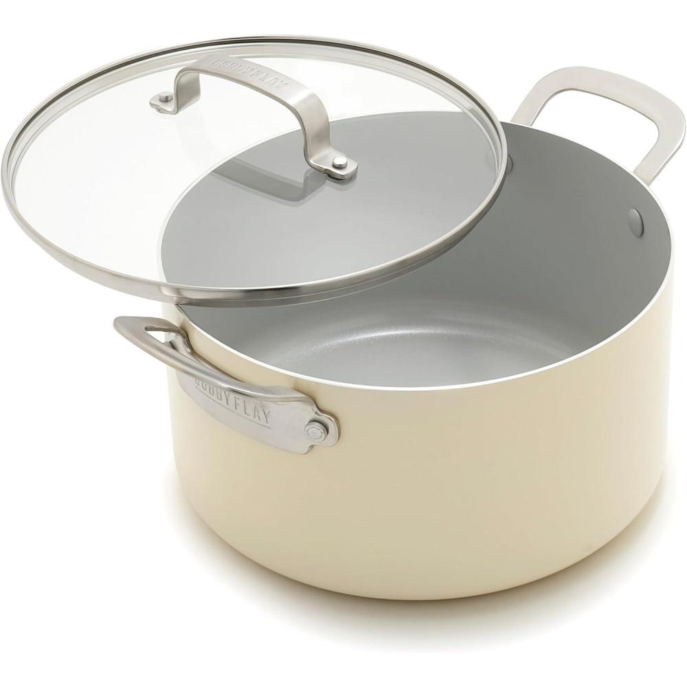 GreenPan x Bobby Flay 6QT Stockpot with Glass Lid, PFAS-Free Diamond Ceramic Nonstick Pot, Induction Suitable, Easy Clean Dishwasher & Oven Safe, Quick Heating, Pasta, Soups, Graphite(Cream)