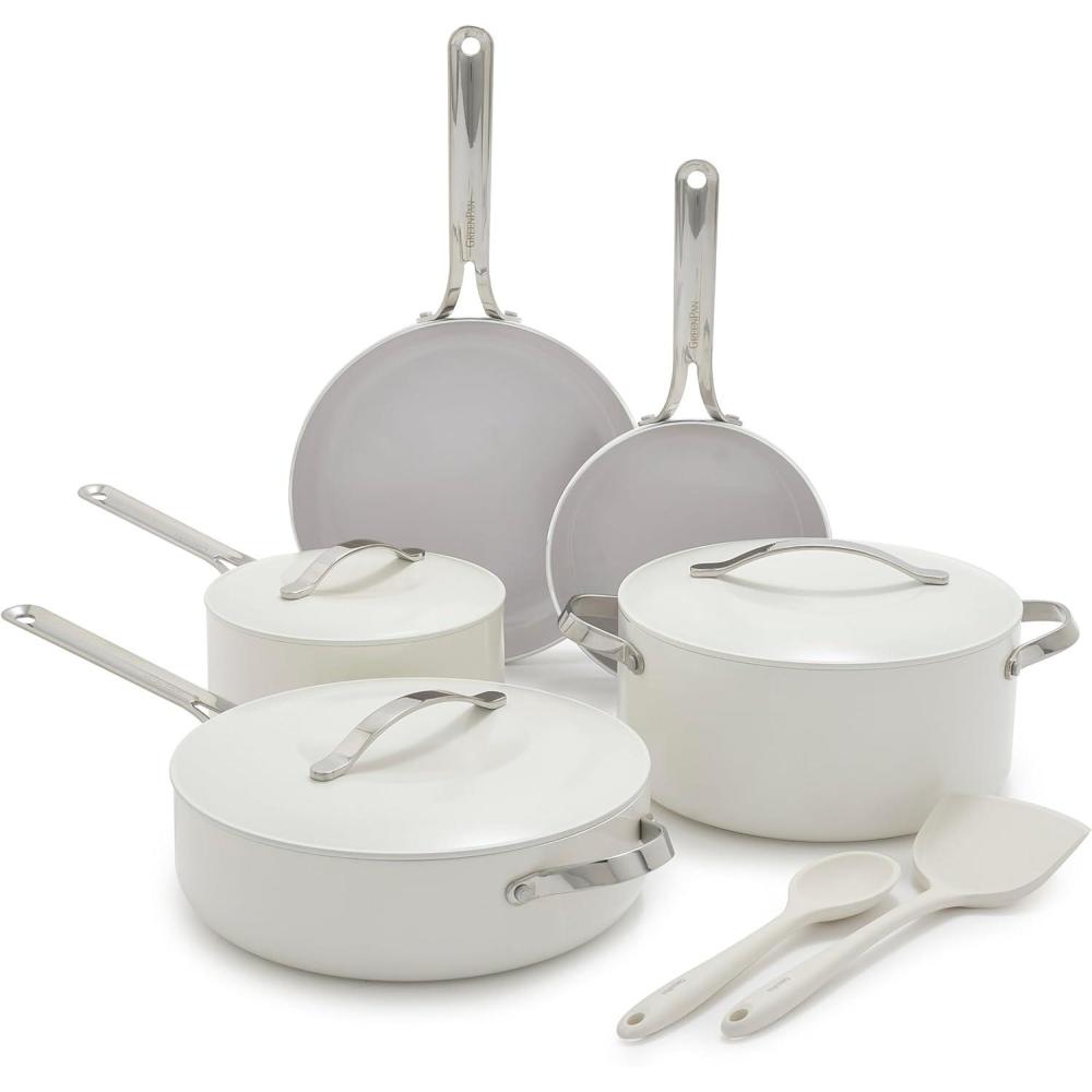 GreenPan Nova 10-Piece Cookware Pots & Pans Set, Oprah’s Favorite Things 2024, PFAS-Free Ceramic Nonstick, Fry, Sauté, Stockpot, Utensils, Lids, Induction Suitable, Dishwasher & Oven Safe, Deep Teal(Cream White)