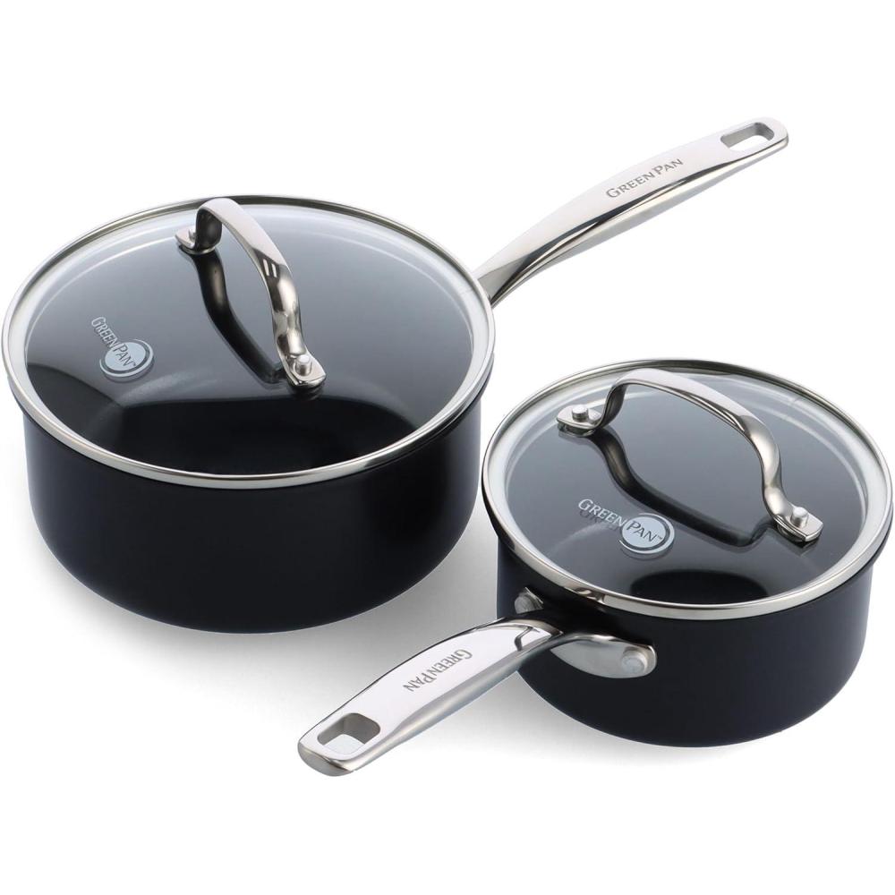 GreenPan Prime Chatham 1QT & 2QT Saucepan Pot Set with Glass Lids, Hard Anodized Diamond Infused Ceramic Nonstick, PFAS-Free, Dishwasher Safe, Oven Safe, Multipurpose Chefs Pan, Stay-Cool Handle,Black(Black)