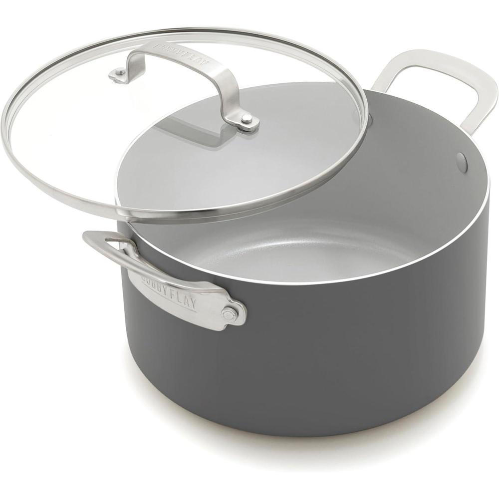 GreenPan x Bobby Flay 6QT Stockpot with Glass Lid, PFAS-Free Diamond Ceramic Nonstick Pot, Induction Suitable, Easy Clean Dishwasher & Oven Safe, Quick Heating, Pasta, Soups, Graphite(Graphite)