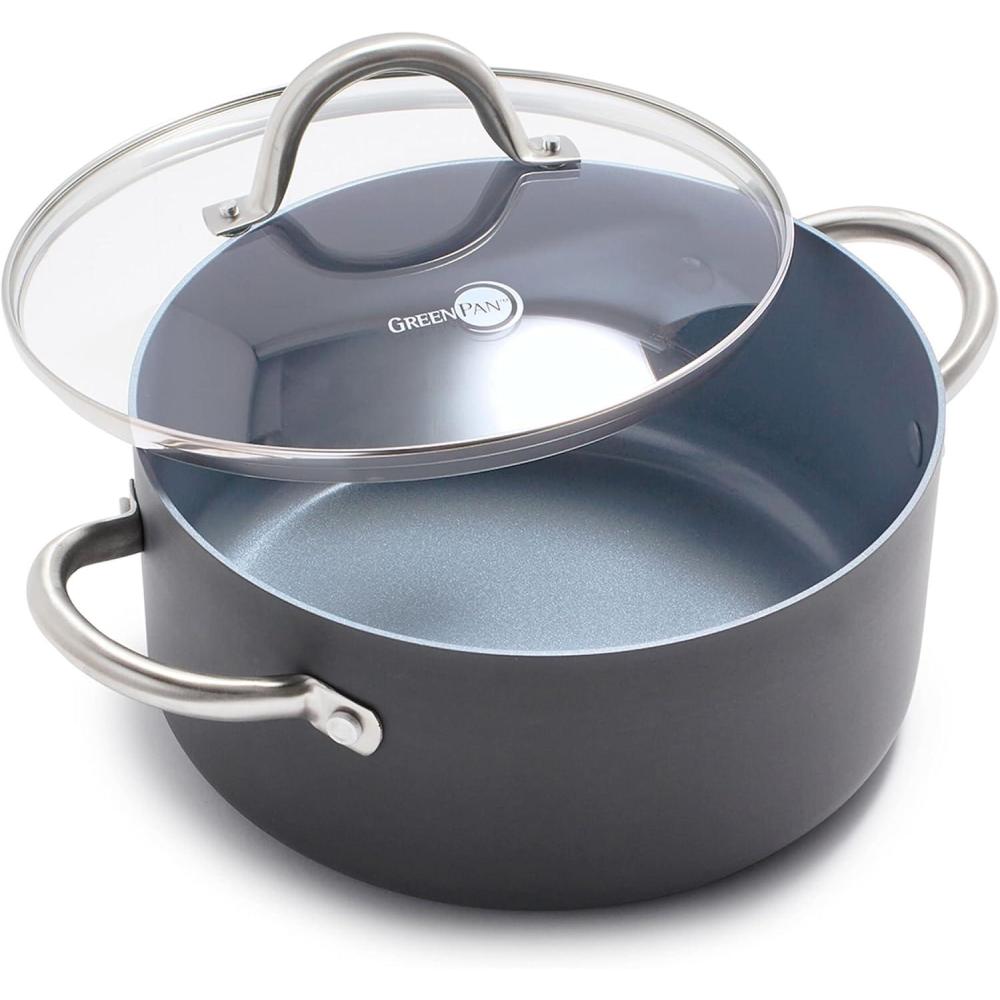GreenPan Lima 5.2QT Nonstick Stock Pot with Glass Lid, Nontoxic PFAS-Free Ceramic Casserole, Hard Anodized Cookware, Oven & Broiler Safe, Stainless Steel Handles, Gray(5.2 Quarts)