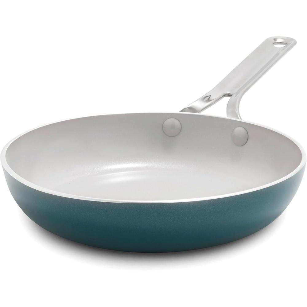 GreenPan Nova 8 & 10 2 Piece Frying Pan Skillet Set, Oprah’s Favorite Things 2024, Induction Suitable PFAS-Free Nontoxic Ceramic Nonstick, Dishwasher & Oven Safe, Quick Even Heating, Cream White(Deep Teal)