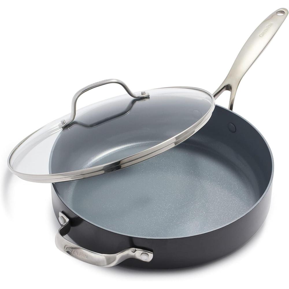 GreenPan Valencia Pro Hard Anodized Healthy Ceramic Nonstick 4.5QT Saute Pan Jumbo Cooker with Lid, PFAS-Free, Induction, Dishwasher Safe, Oven Safe, Gray