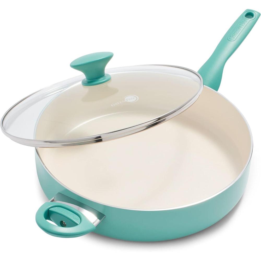 GreenPan Rio Healthy Ceramic Nonstick 5QT Saute Pan Jumbo Cooker with Helper Handle and Lid, PFAS-Free, Dishwasher Safe, Turquoise(Turquoise)