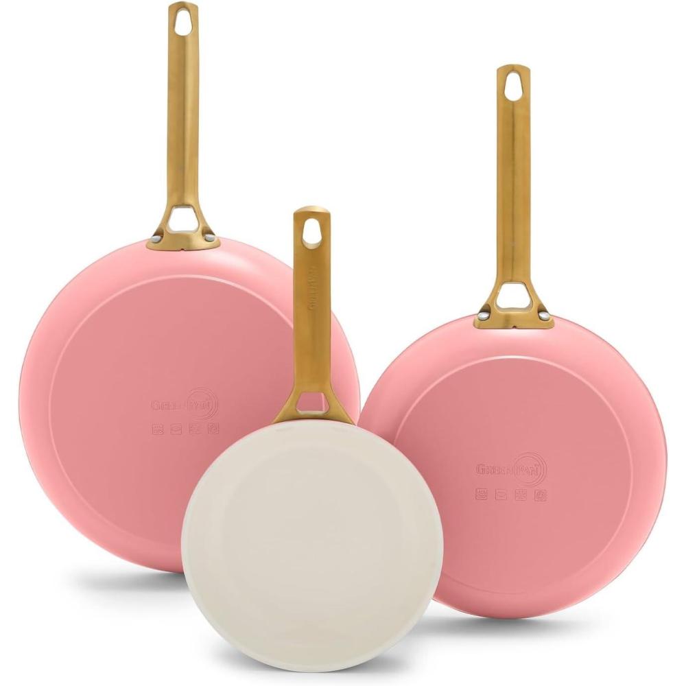 GreenPan Hard Anodized Healthy Ceramic Nonstick 8″ 10″ & 12″ 3 Piece Frying Pan Skillet Set, Gold Handle, PFAS-Free, Dishwasher Safe, Oven Safe, Cream White(Coral)