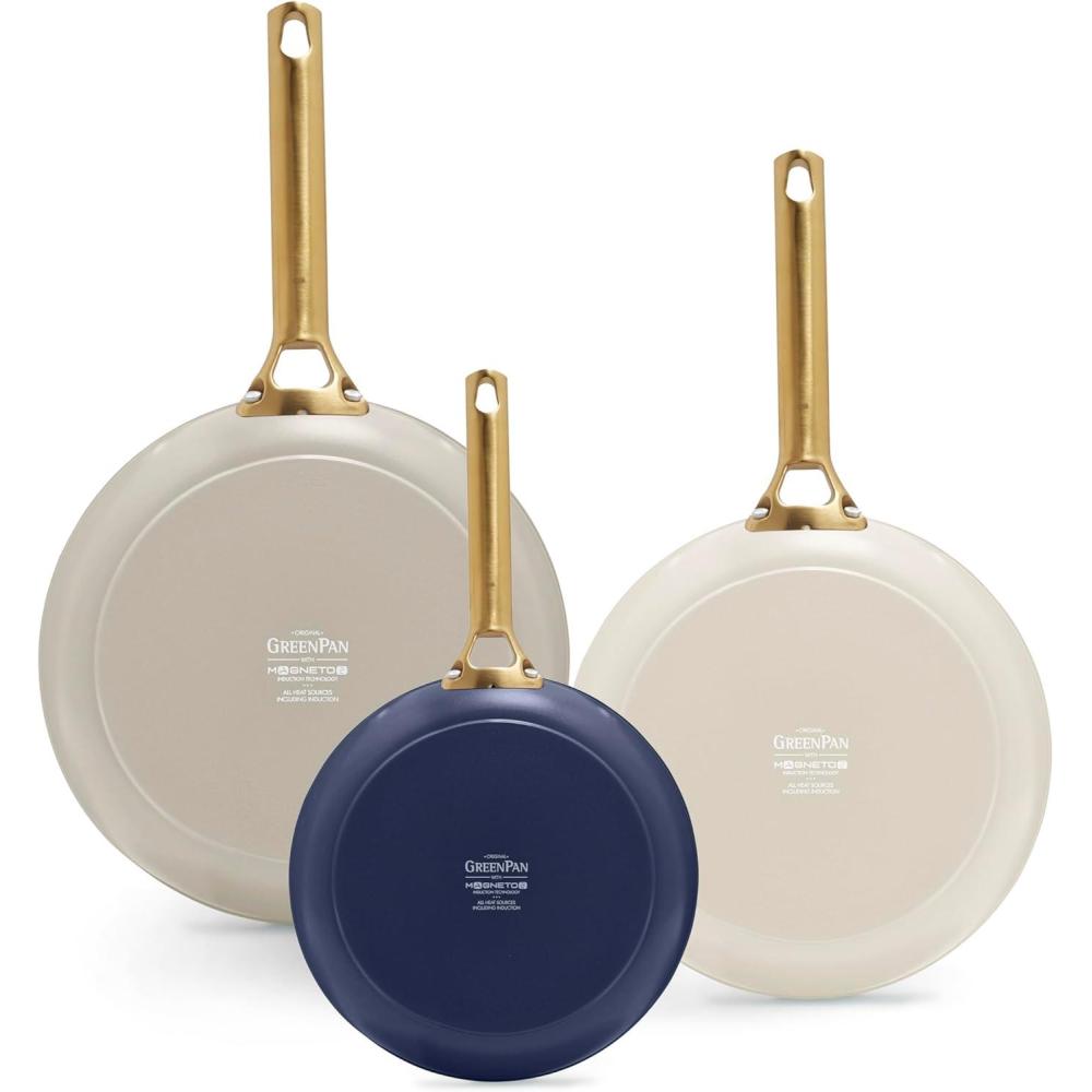 GreenPan 3 Piece Ceramic Cookware Set, Non Stick Frying Pans (8 10 & 12 Skillets), PFAS-Free Non-Toxic Induction Cookware, Hard Anodized, Kitchen Pots, Dishwasher Safe, Navy, Taupe, Cream