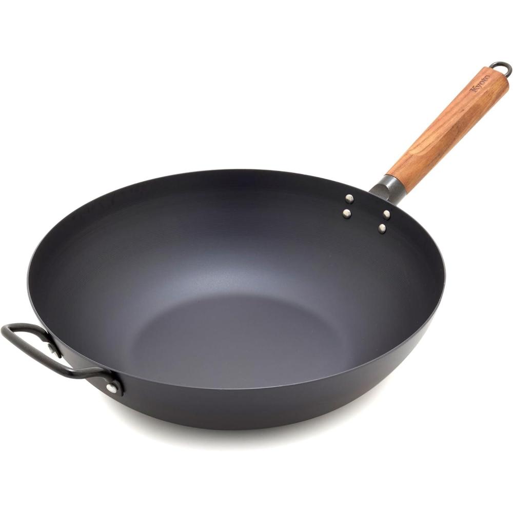 GreenPan Carbon Steel Wok 12, Flat Bottom, Durable Stir-Fry Pan, Pre-Seasoned Nonstick Patina, High Heat Retention, Induction, Ash Wood Handle, Kyoto, Black(Black)
