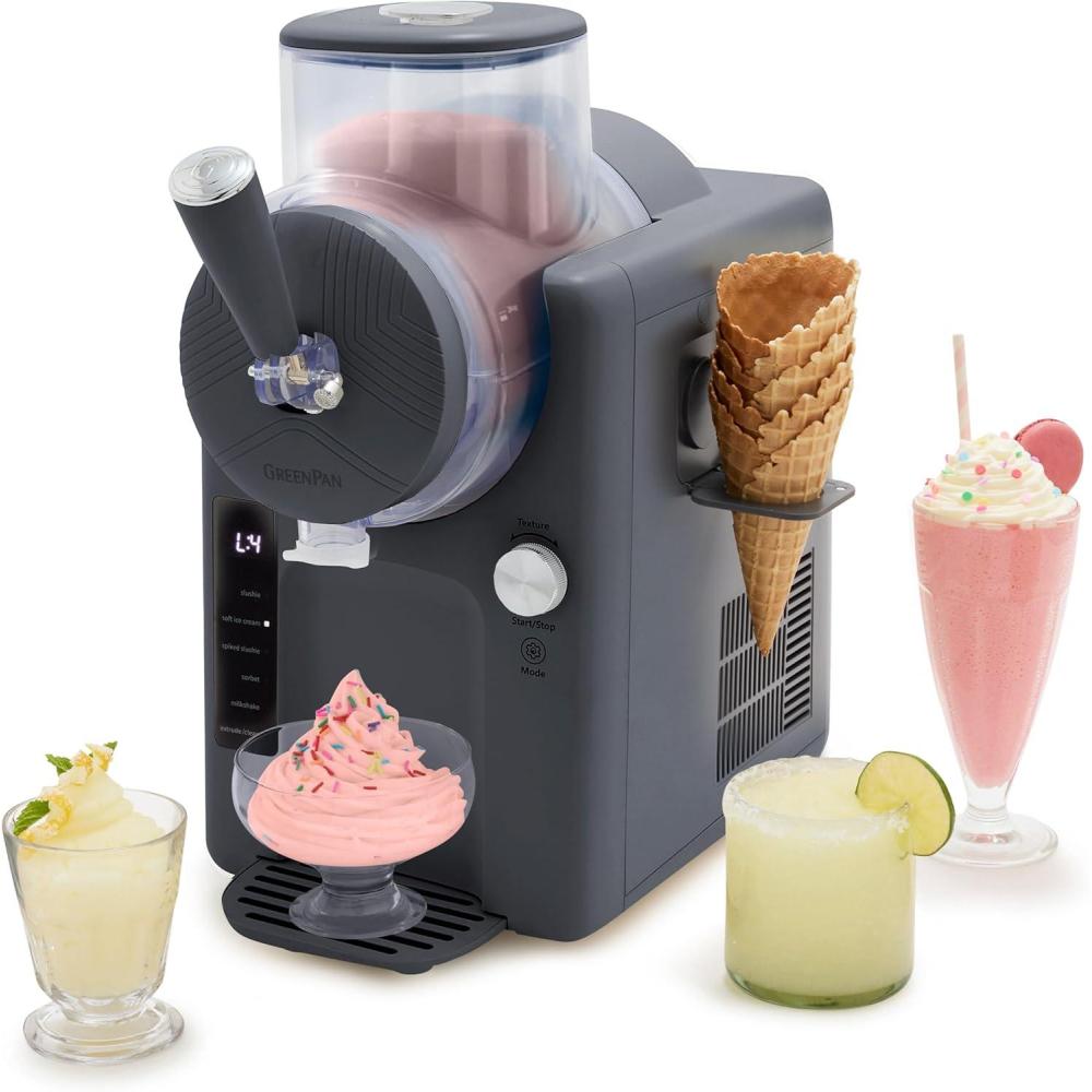 GreenPan Frost Ice Cream Maker & Slushie Machine, Soft Serve, Sorbet, Margaritas, Milkshakes, Frozen Yogurt, No Pre-Freezing, Ready in 15 Mins, 6 Modes, 7 Textures, Self-Cleaning, Family Size, Pink(Licorice Gray)