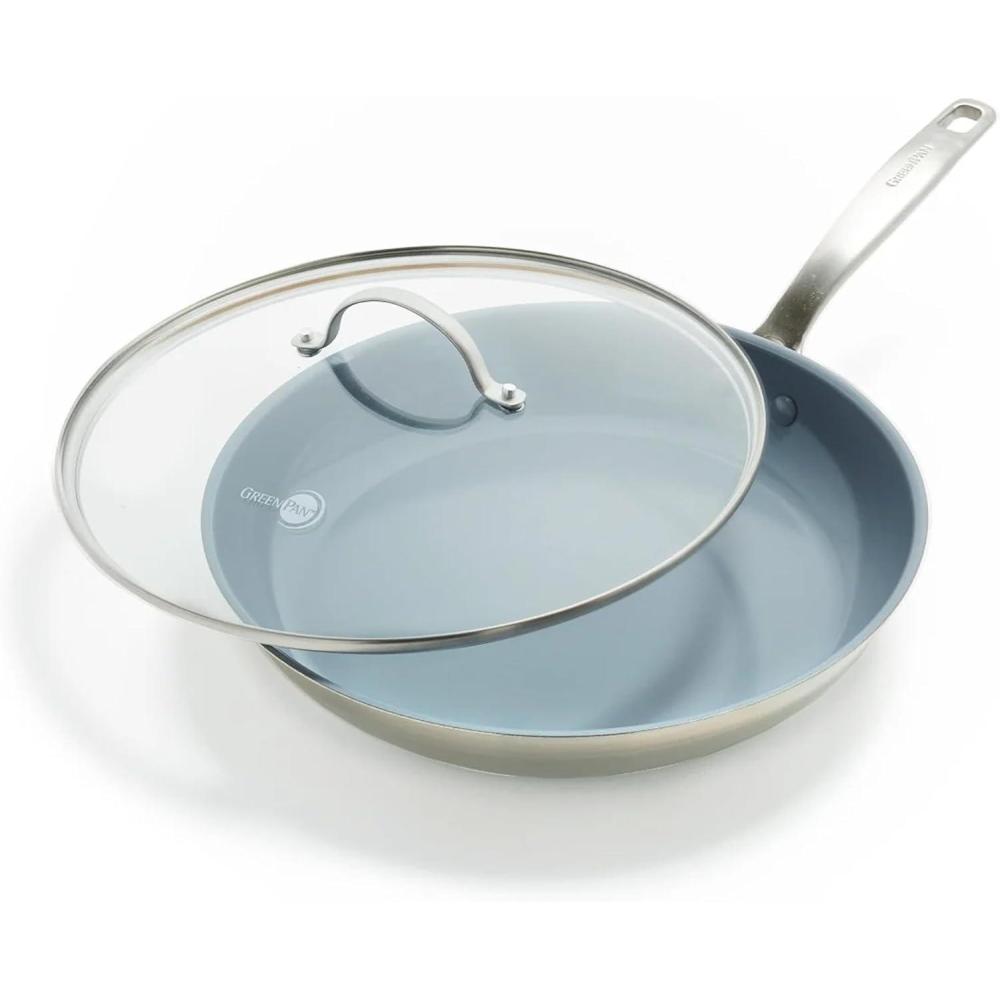 GreenPan Stainless Steel Treviso 2.1QT Saucepan with Lid, Healthy Ceramic Nonstick, PFOA-Free PFAS-Free, Induction, Dishwasher Safe, Oven Safe, Even Heating, Silver(12″ Frying Pan Skillet with Lid)