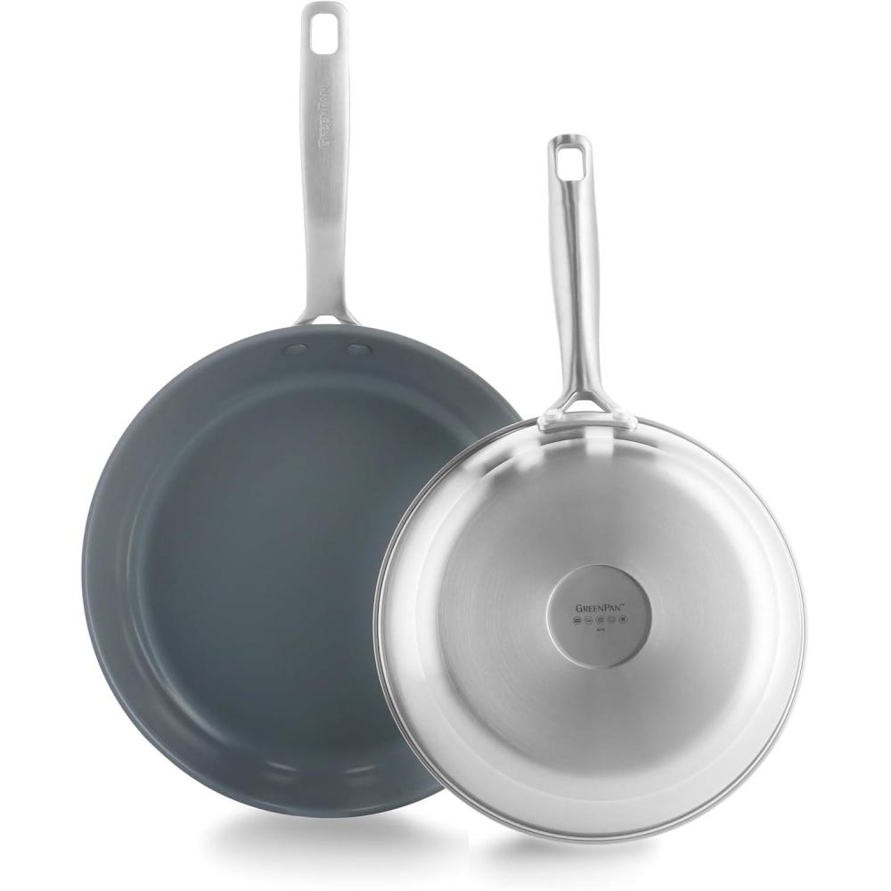 GreenPan Stainless Steel Treviso 2.1QT Saucepan with Lid, Healthy Ceramic Nonstick, PFOA-Free PFAS-Free, Induction, Dishwasher Safe, Oven Safe, Even Heating, Silver(9.5″ and 11″ Frying Pan Skillet Set)
