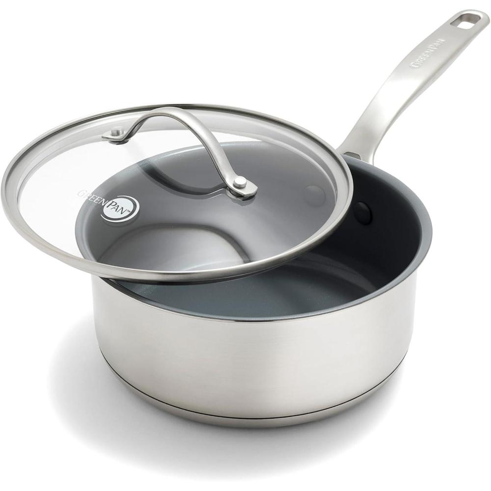 GreenPan Stainless Steel Treviso 2.1QT Saucepan with Lid, Healthy Ceramic Nonstick, PFOA-Free PFAS-Free, Induction, Dishwasher Safe, Oven Safe, Even Heating, Silver(2QT Saucepan with Lid)