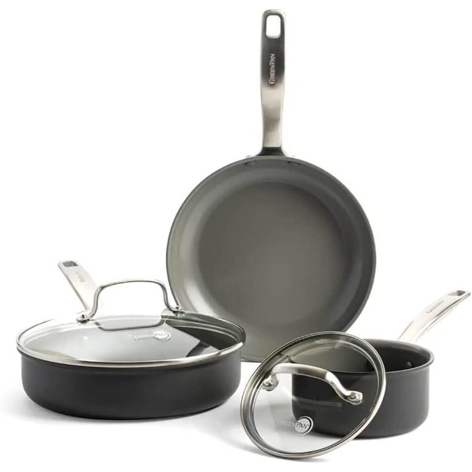GreenPan Chatham Hard Anodized Healthy Ceramic Nonstick 10 Piece Cookware Pots and Pans Set, Frying Pan Skillets, Saucepans, Saute Pan, Stockpot, Lids, PFAS-Free, Dishwasher & Oven Safe, Gray(Gray Hard Anodized)