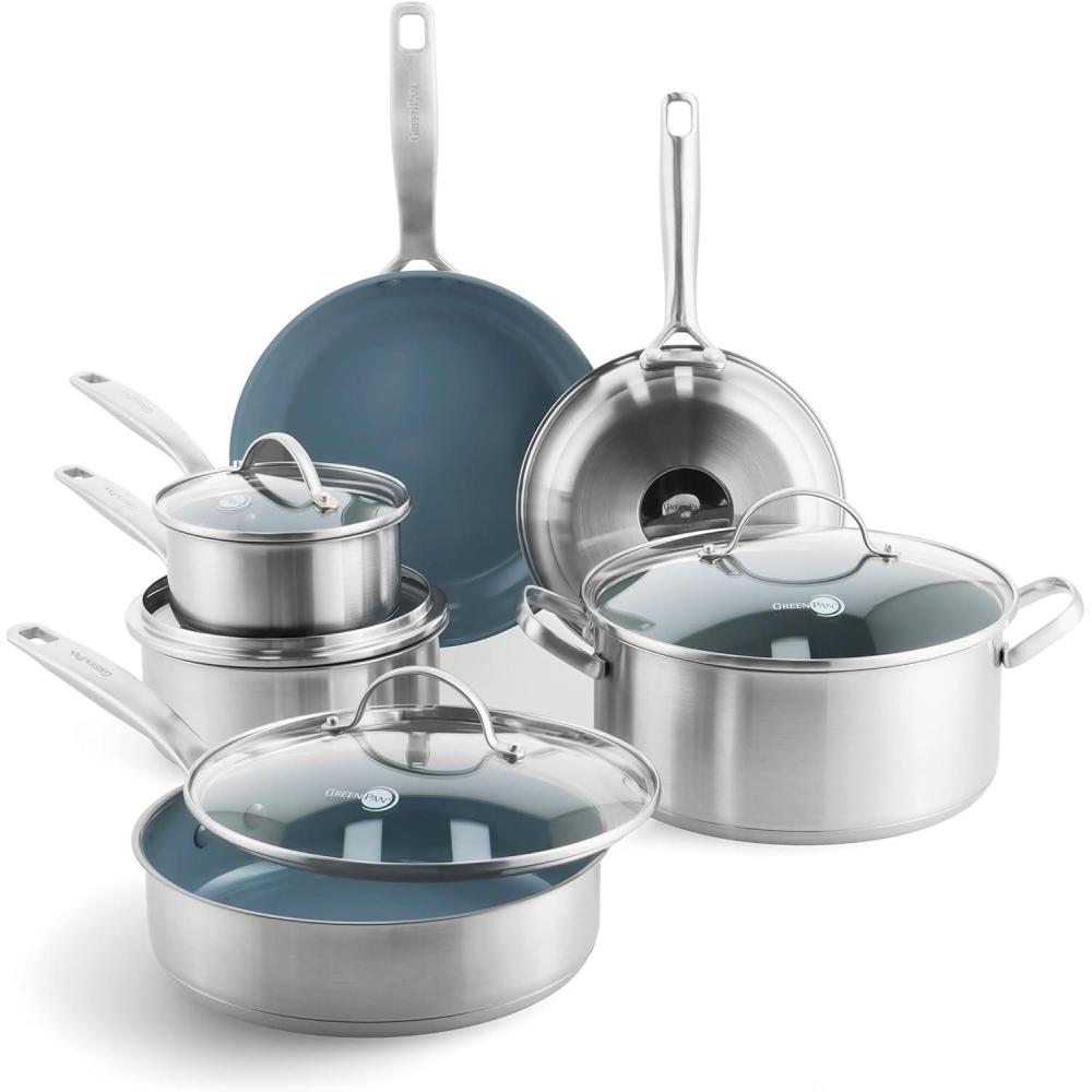 GreenPan Stainless Steel Treviso 2.1QT Saucepan with Lid, Healthy Ceramic Nonstick, PFOA-Free PFAS-Free, Induction, Dishwasher Safe, Oven Safe, Even Heating, Silver(10 Piece Cookware Pots and Pans Set)