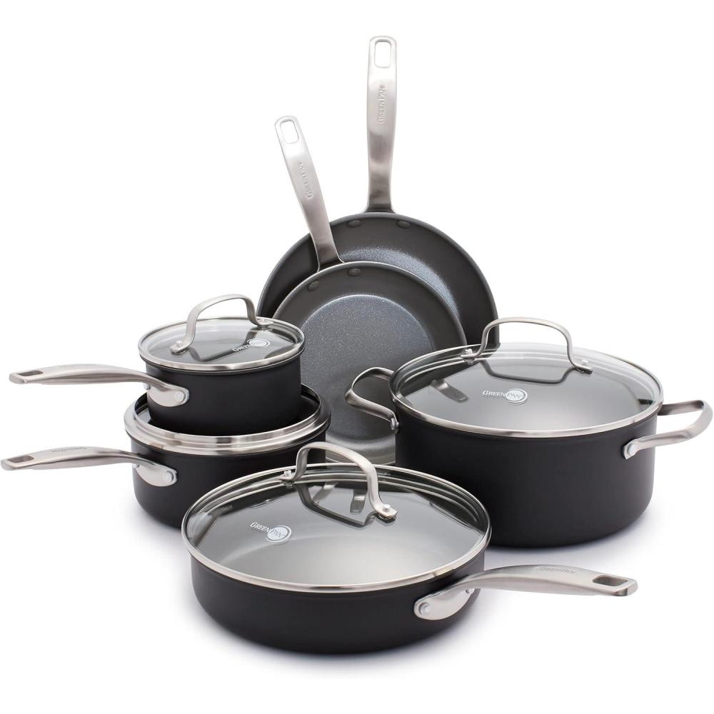 GreenPan Chatham Hard Anodized Healthy Ceramic Nonstick 10 Piece Cookware Pots and Pans Set, Frying Pan Skillets, Saucepans, Saute Pan, Stockpot, Lids, PFAS-Free, Dishwasher & Oven Safe, Gray(Gray)